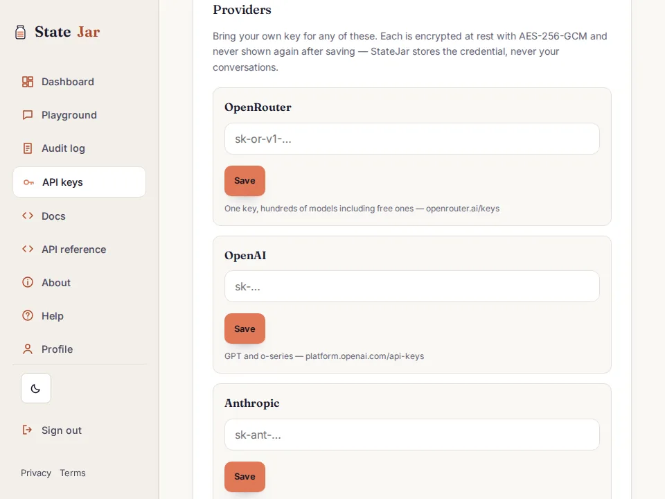 The API keys page: a key named and generated, and the dialog that shows it once, the key blurred in the recording