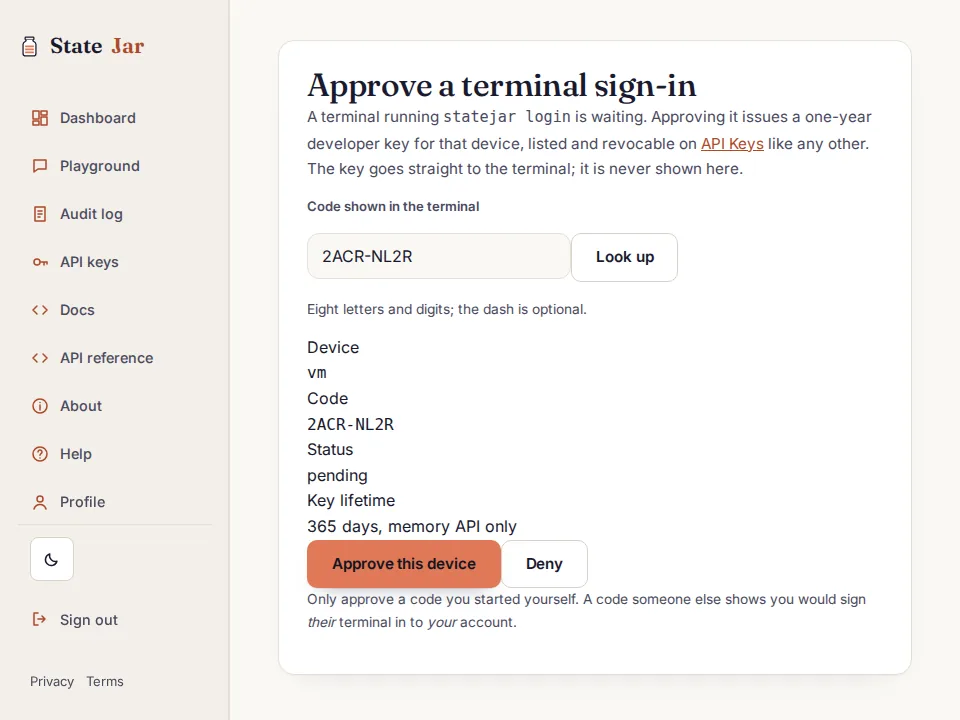 The approval page for the code the terminal printed, Approve pressed, and the key's last four characters shown