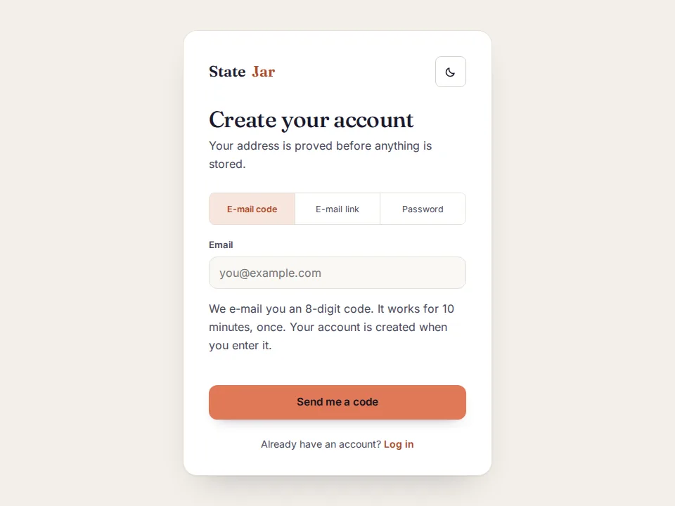 The sign-up page: an address typed, Send me a code pressed, and the page saying a message is on its way