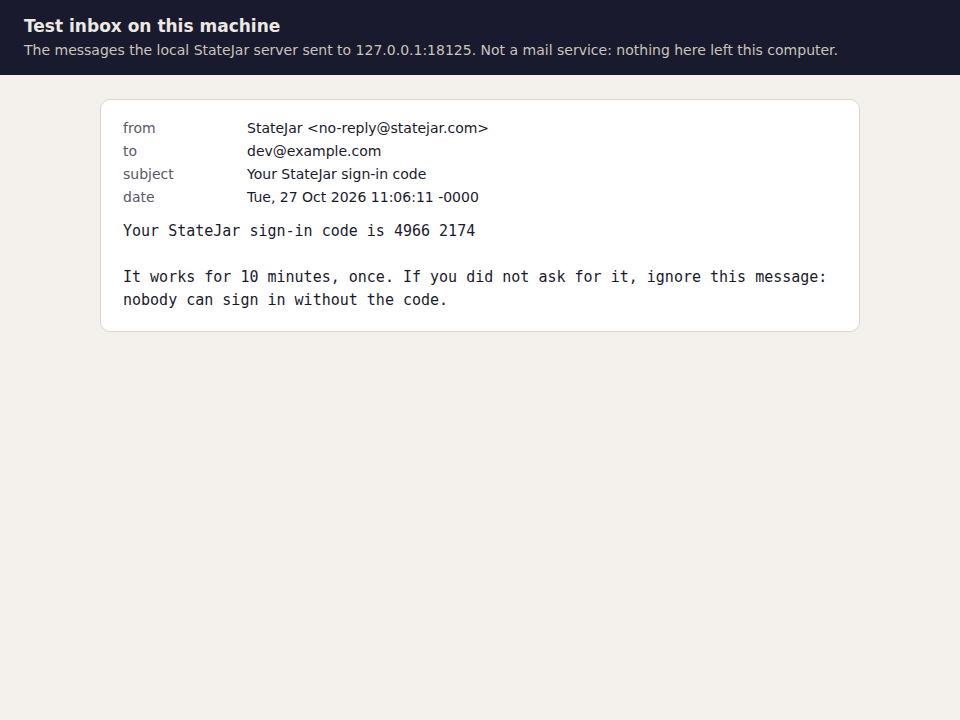 The message with the code in a test inbox, the code typed on the sign-up page, and the account made